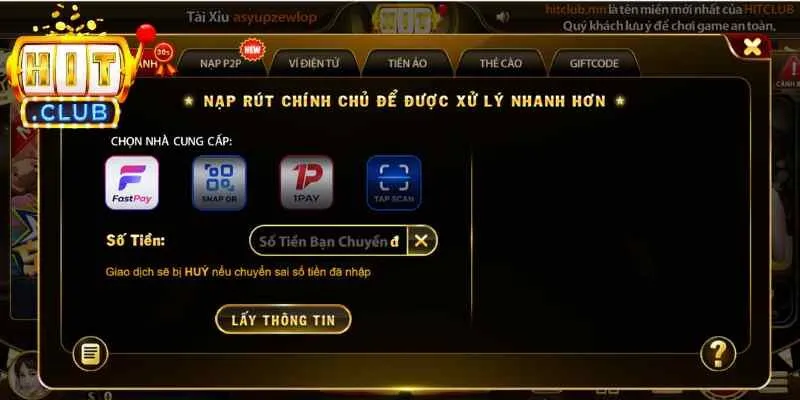 Quy trình cụ thể để hội viên nạp tiền Hitclub